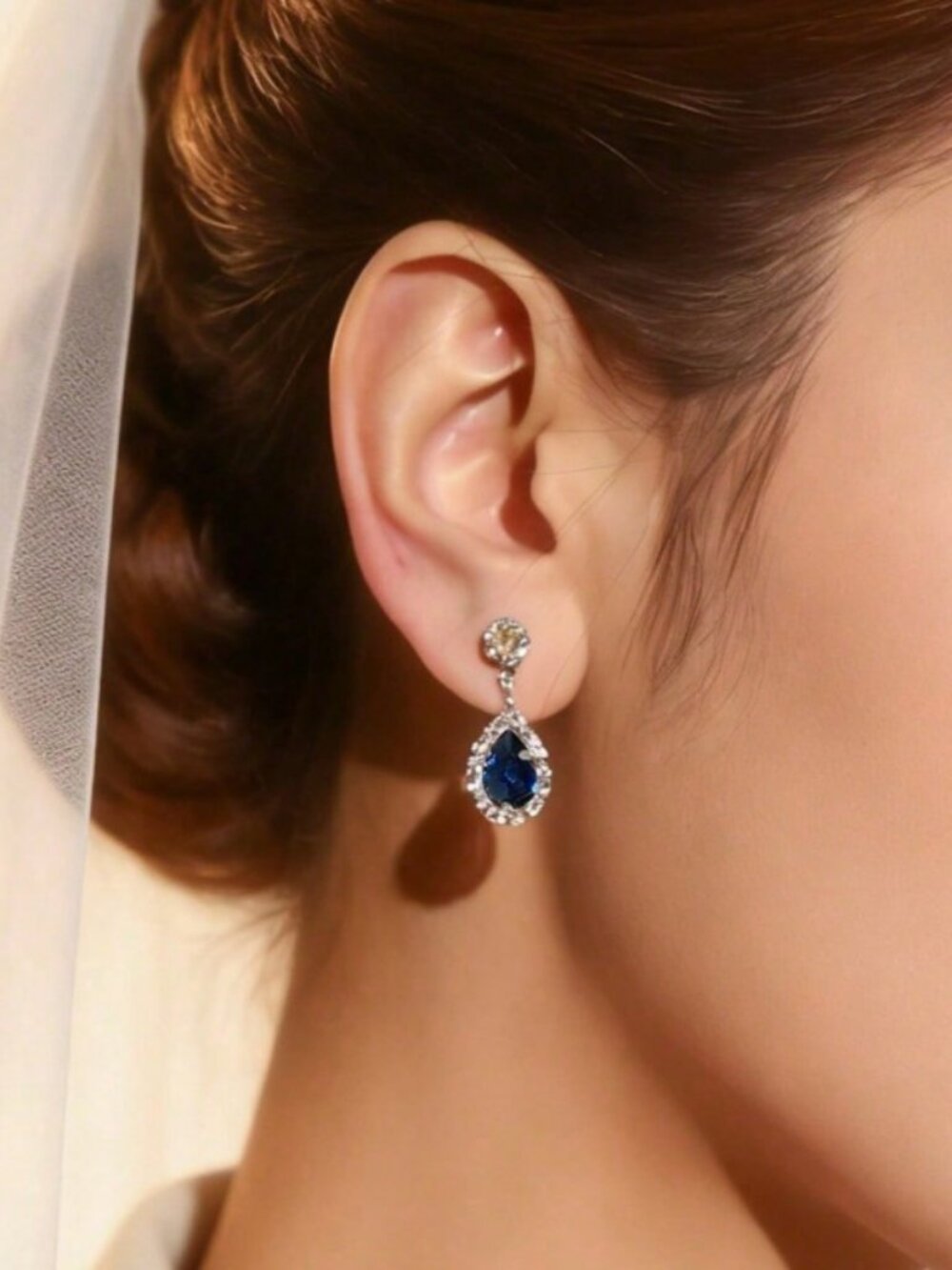 3/$35 NWT Sapphire Blue Teardrop Crystal Drop Earrings Wedding Bridal Prom